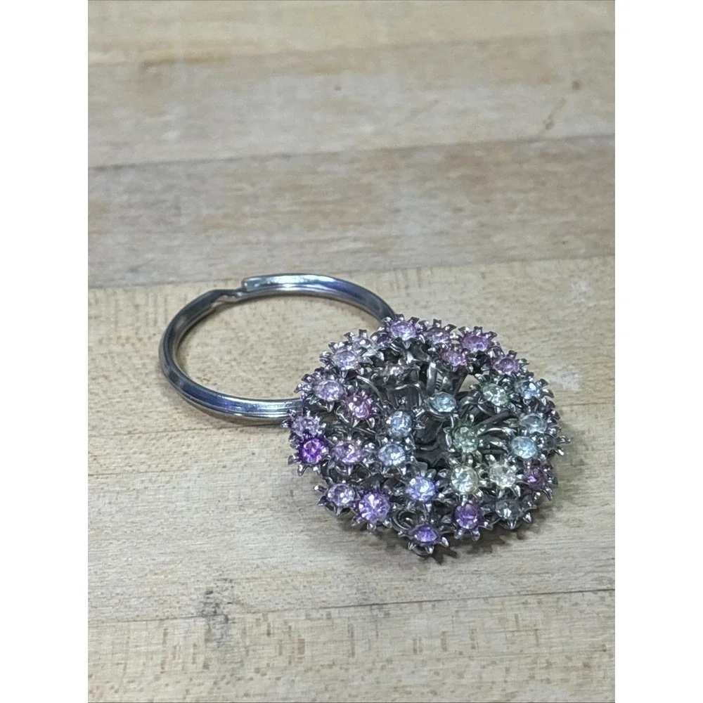 Y2K Silver Tone Rhinestone Starburst Purse Charm Keychain Pink AB Crystal Dangle